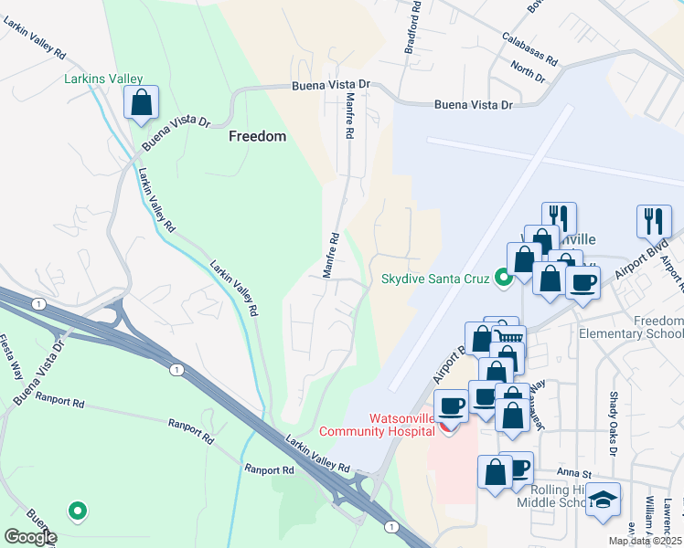 map of restaurants, bars, coffee shops, grocery stores, and more near 106 Las Palmas in Watsonville