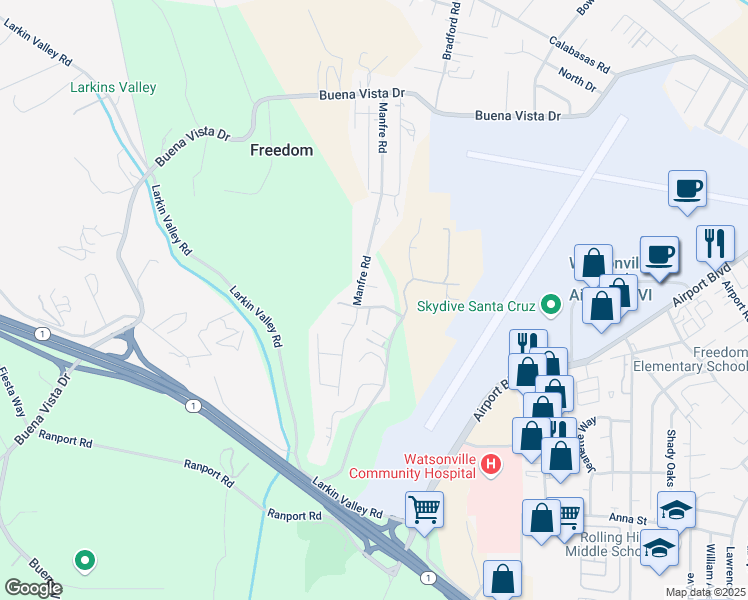 map of restaurants, bars, coffee shops, grocery stores, and more near 106 Las Palmas in Watsonville