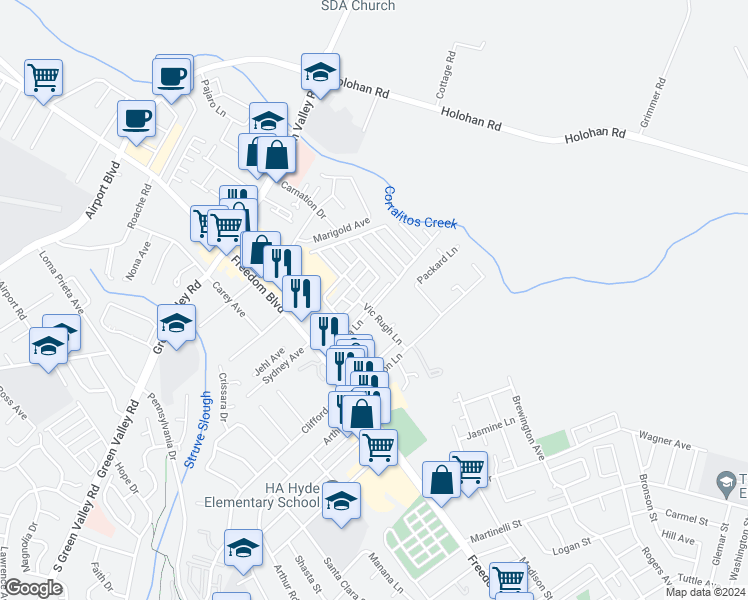 map of restaurants, bars, coffee shops, grocery stores, and more near 49 Blanca Lane in Watsonville