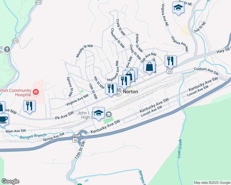 map of restaurants, bars, coffee shops, grocery stores, and more near 801 Park Avenue Southwest in Norton