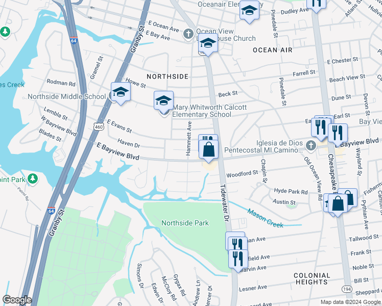 map of restaurants, bars, coffee shops, grocery stores, and more near 8610 Hammett Avenue in Norfolk