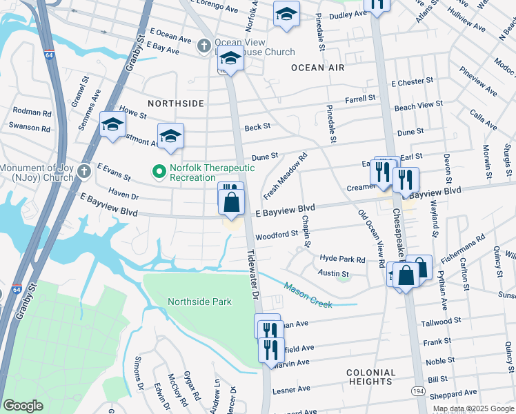 map of restaurants, bars, coffee shops, grocery stores, and more near 8603 Meadowbrook Lane in Norfolk