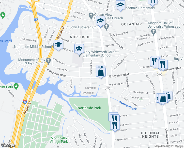 map of restaurants, bars, coffee shops, grocery stores, and more near 8610 Hammett Avenue in Norfolk