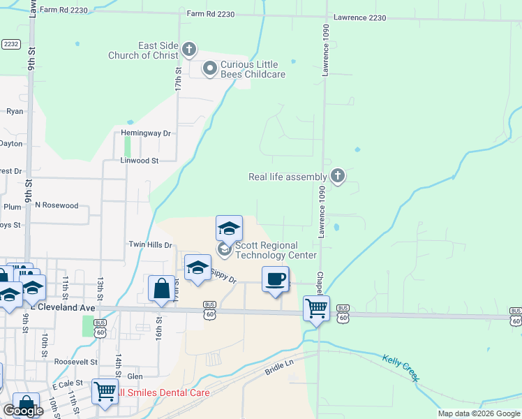 map of restaurants, bars, coffee shops, grocery stores, and more near 1206 Woodland Ridge Drive in Monett