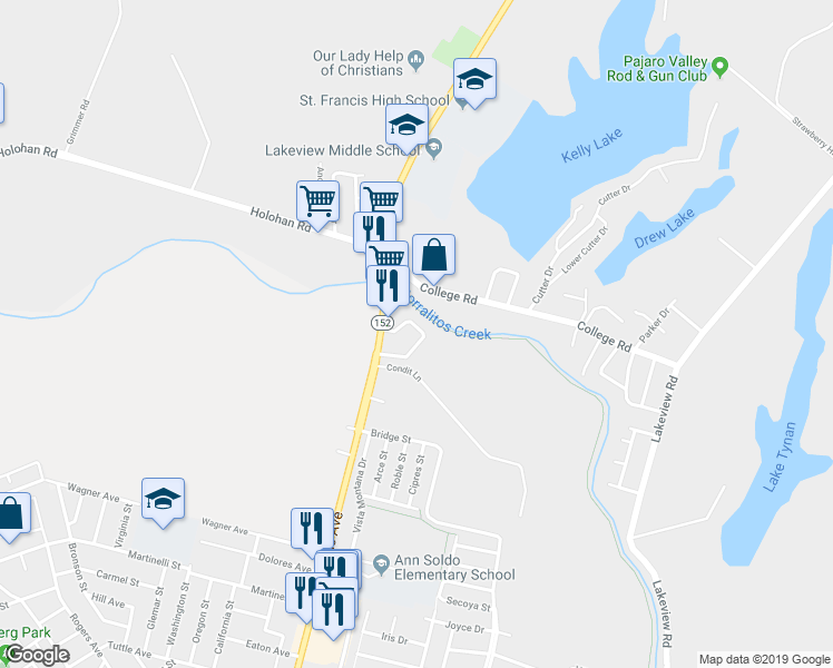 map of restaurants, bars, coffee shops, grocery stores, and more near 46 Beverly Drive in Watsonville