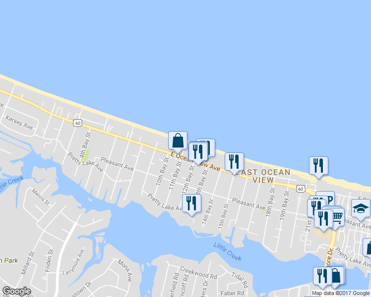 map of restaurants, bars, coffee shops, grocery stores, and more near 3022 East Ocean View Avenue in Norfolk