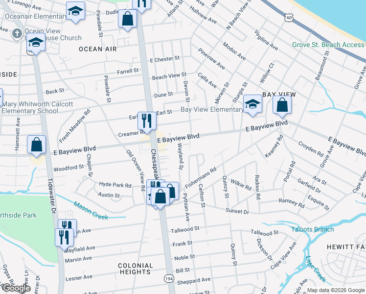 map of restaurants, bars, coffee shops, grocery stores, and more near 8578 Wayland Street in Norfolk