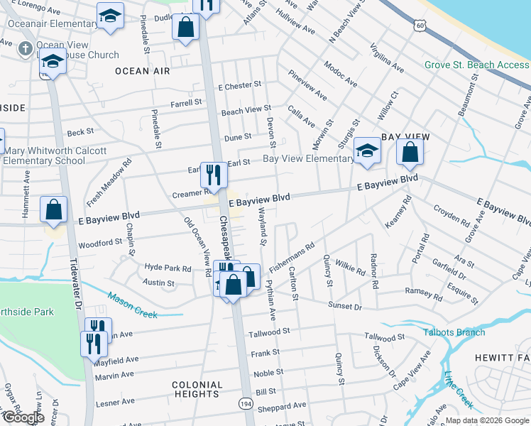 map of restaurants, bars, coffee shops, grocery stores, and more near 8578 Wayland Street in Norfolk
