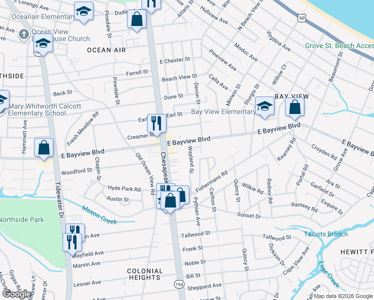 map of restaurants, bars, coffee shops, grocery stores, and more near 8578 Wayland Street in Norfolk