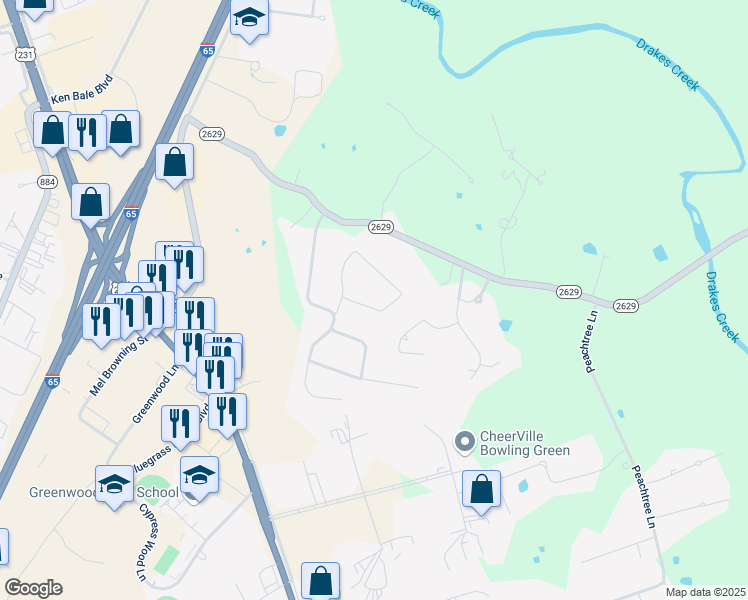 map of restaurants, bars, coffee shops, grocery stores, and more near 107-109 Huntsman Cir in Bowling Green