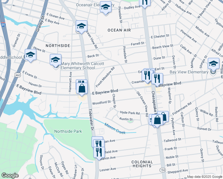 map of restaurants, bars, coffee shops, grocery stores, and more near 450 East Bayview Boulevard in Norfolk