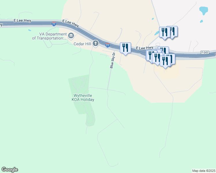 map of restaurants, bars, coffee shops, grocery stores, and more near Blue Sky Drive in Wytheville