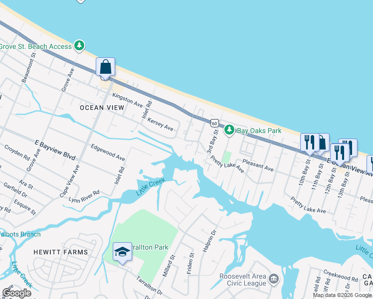map of restaurants, bars, coffee shops, grocery stores, and more near 2111 Pretty Lake Avenue in Norfolk