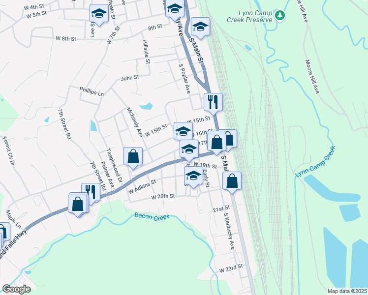 map of restaurants, bars, coffee shops, grocery stores, and more near 404 West 17th Street in Corbin