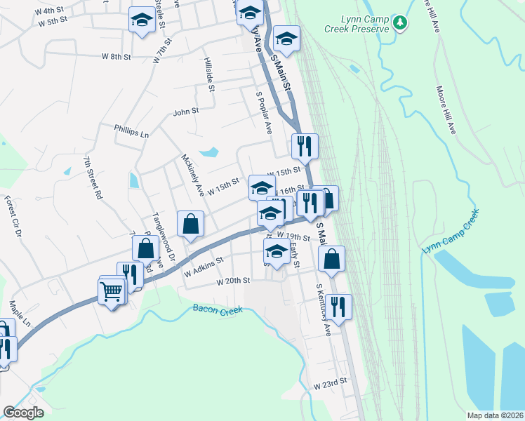 map of restaurants, bars, coffee shops, grocery stores, and more near 403 West 17th Street in Corbin