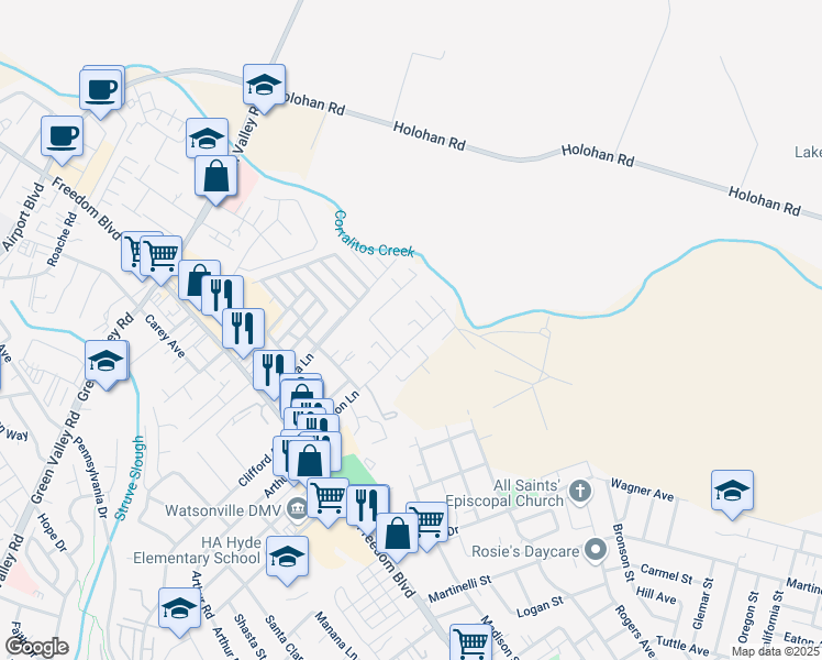 map of restaurants, bars, coffee shops, grocery stores, and more near 101 Atkinson Lane in Watsonville