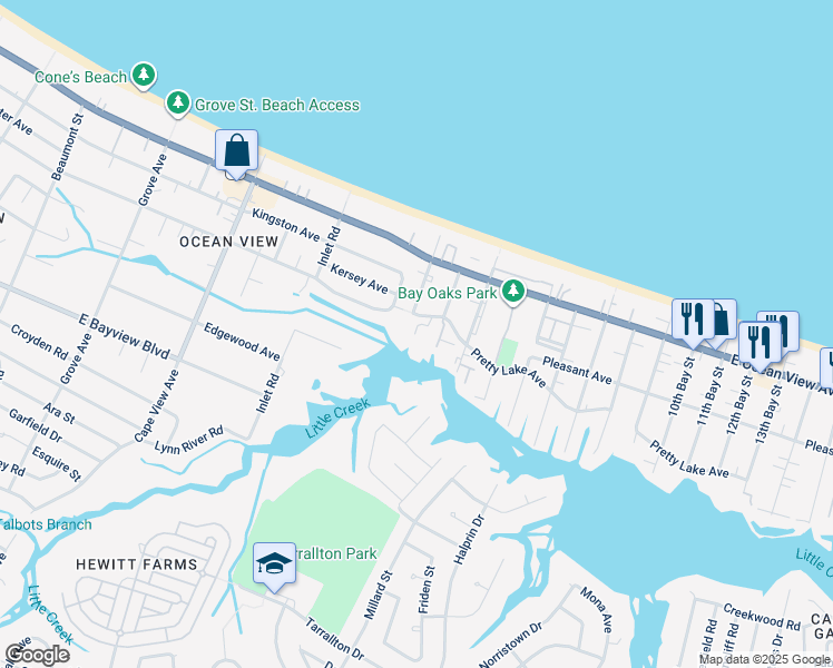 map of restaurants, bars, coffee shops, grocery stores, and more near 2089 Pretty Lake Avenue in Norfolk