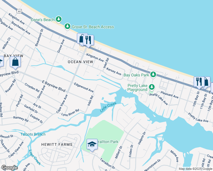 map of restaurants, bars, coffee shops, grocery stores, and more near 2035 Inlet Point Road in Norfolk