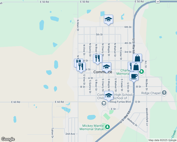 map of restaurants, bars, coffee shops, grocery stores, and more near 217 Commerce Street in Commerce