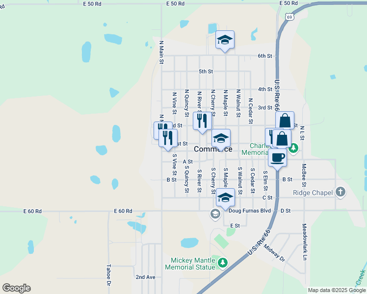 map of restaurants, bars, coffee shops, grocery stores, and more near 217 Commerce Street in Commerce