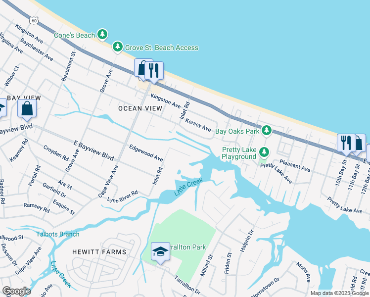 map of restaurants, bars, coffee shops, grocery stores, and more near 2035 Inlet Point Road in Norfolk