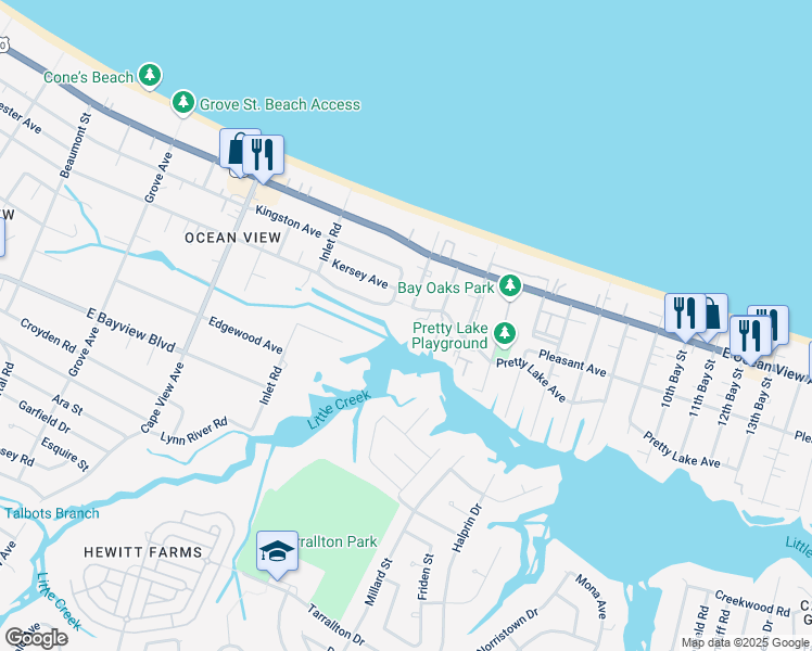 map of restaurants, bars, coffee shops, grocery stores, and more near 2089 Pretty Lake Avenue in Norfolk