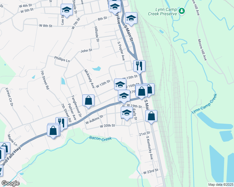 map of restaurants, bars, coffee shops, grocery stores, and more near 404 West 17th Street in Corbin
