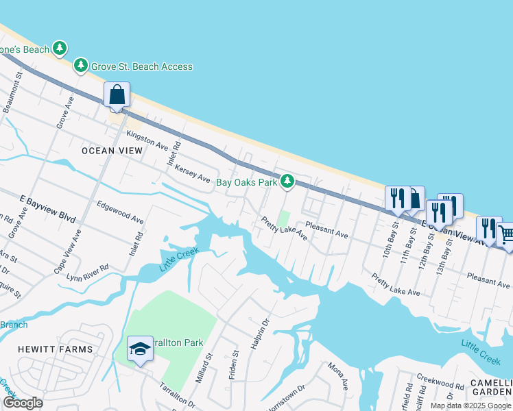 map of restaurants, bars, coffee shops, grocery stores, and more near 2201 Pretty Lake Avenue in Norfolk