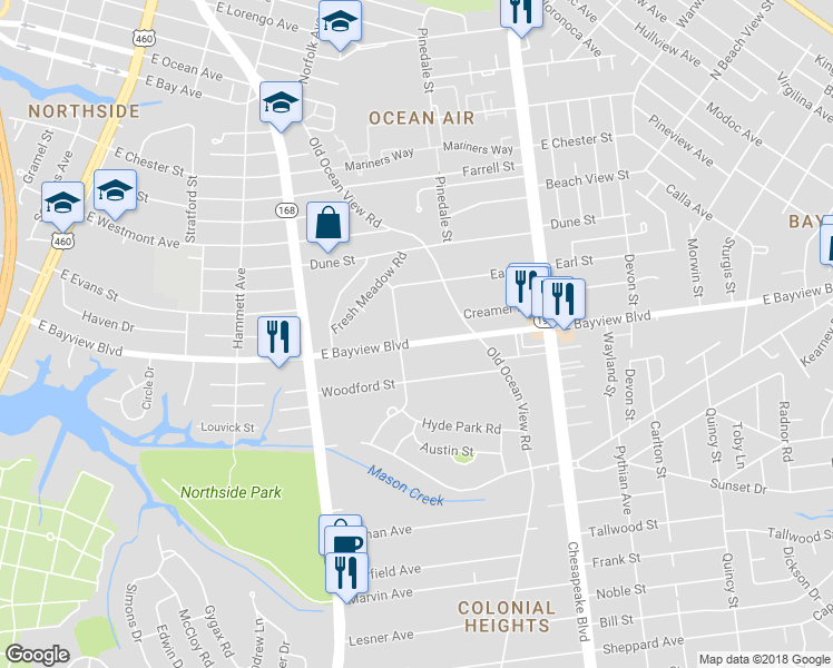 map of restaurants, bars, coffee shops, grocery stores, and more near 510 East Bayview Boulevard in Norfolk