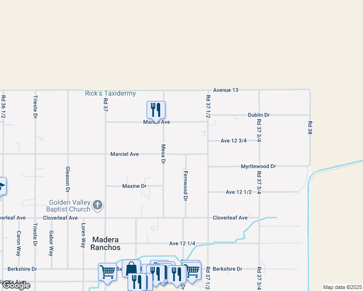 map of restaurants, bars, coffee shops, grocery stores, and more near 37367 Marciel Avenue in Madera