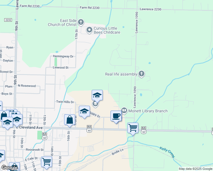 map of restaurants, bars, coffee shops, grocery stores, and more near 1212 Woodland Ridge Drive in Monett