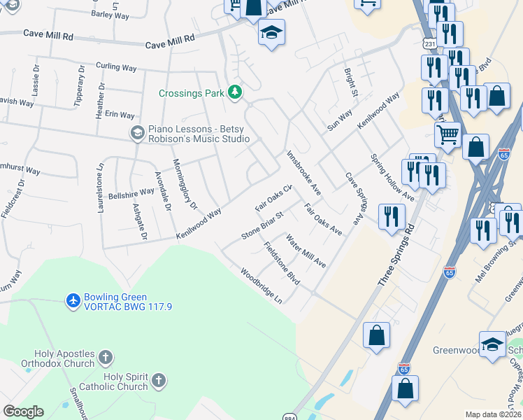 map of restaurants, bars, coffee shops, grocery stores, and more near 3315 Fair Oaks Circle in Bowling Green