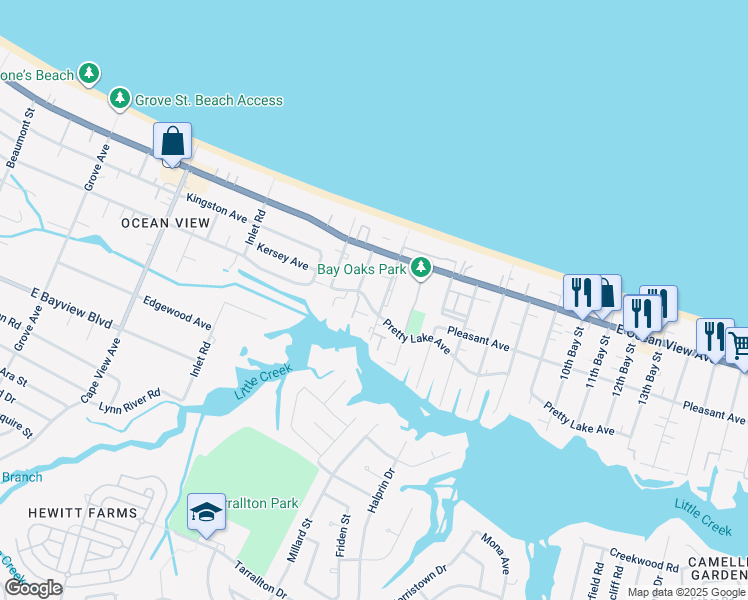 map of restaurants, bars, coffee shops, grocery stores, and more near 2201 Pretty Lake Avenue in Norfolk