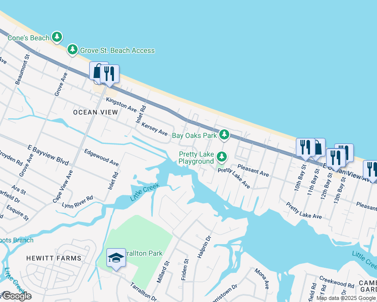 map of restaurants, bars, coffee shops, grocery stores, and more near 2201 Pretty Lake Avenue in Norfolk