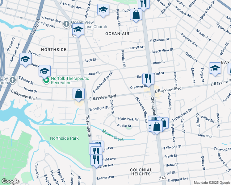map of restaurants, bars, coffee shops, grocery stores, and more near 510 East Bayview Boulevard in Norfolk