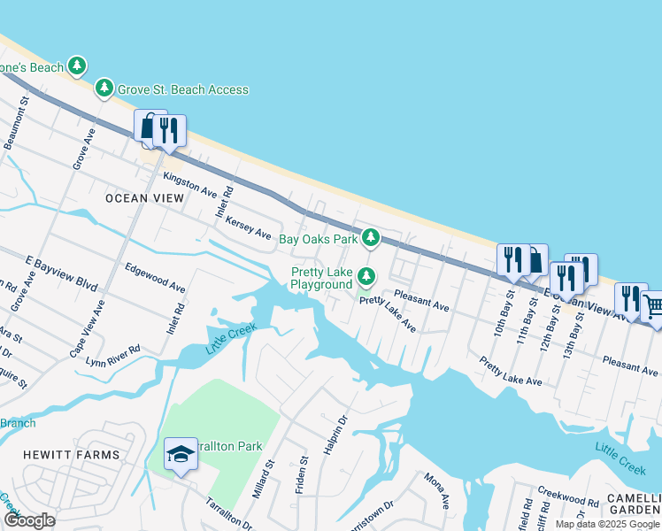 map of restaurants, bars, coffee shops, grocery stores, and more near 2216 Pretty Lake Avenue in Norfolk