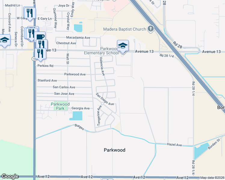 map of restaurants, bars, coffee shops, grocery stores, and more near 1055 San Jose Avenue in Madera