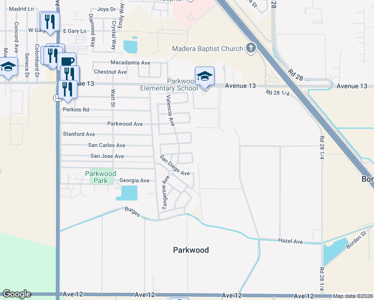 map of restaurants, bars, coffee shops, grocery stores, and more near 1055 San Jose Avenue in Madera