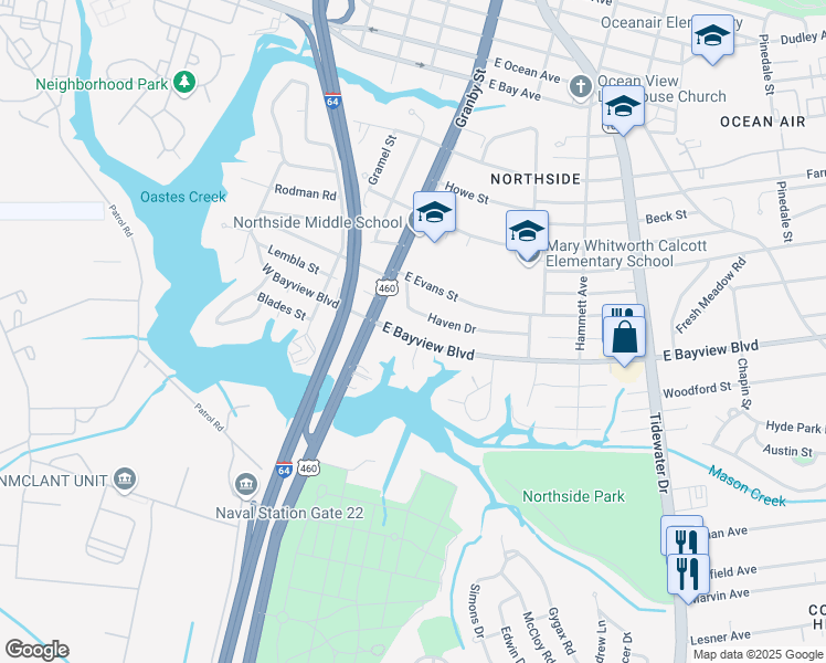 map of restaurants, bars, coffee shops, grocery stores, and more near 116 East Bayview Boulevard in Norfolk