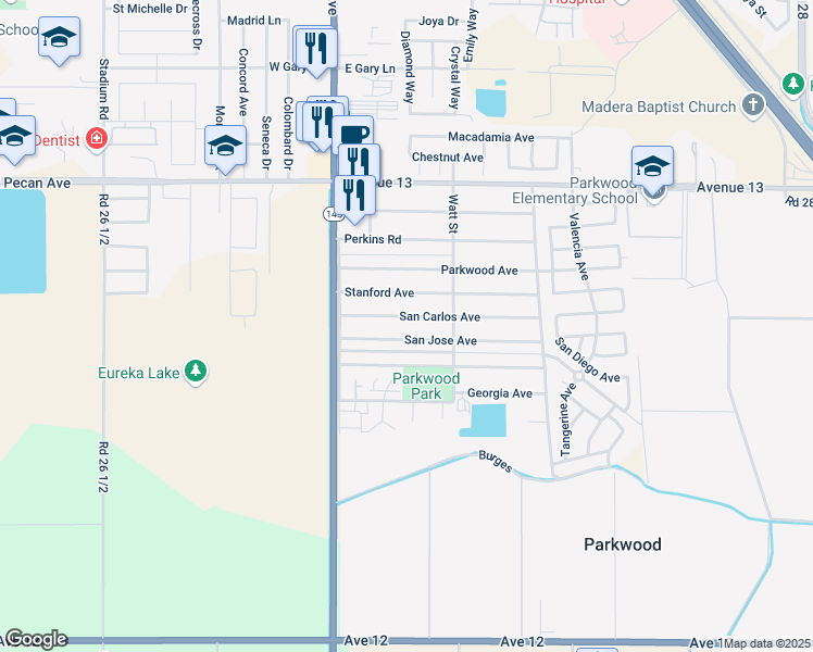 map of restaurants, bars, coffee shops, grocery stores, and more near 27252 Stanford Avenue in Madera