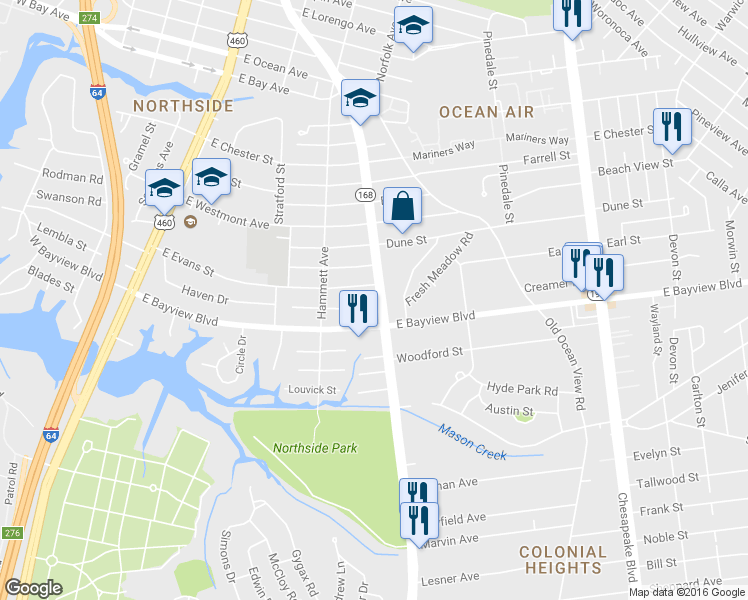 map of restaurants, bars, coffee shops, grocery stores, and more near 8615 Tidewater Drive in Norfolk