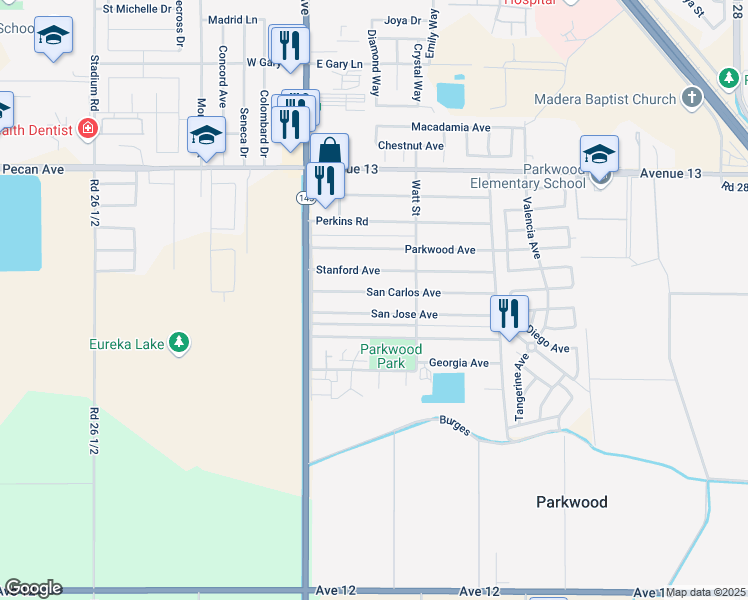 map of restaurants, bars, coffee shops, grocery stores, and more near 27252 Stanford Avenue in Madera