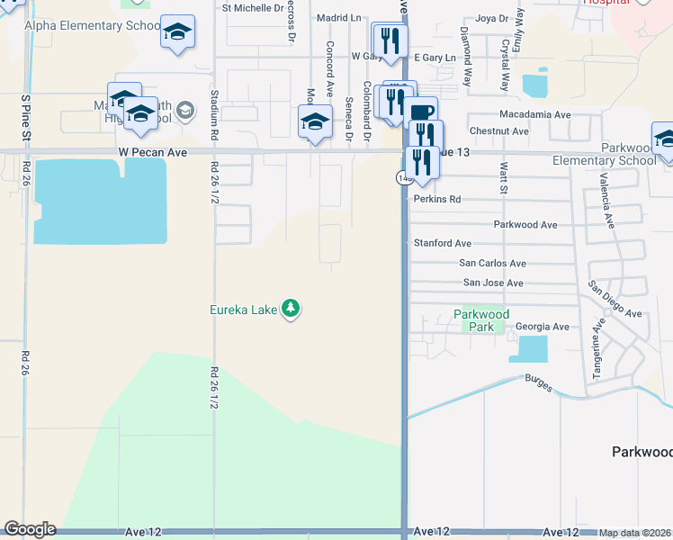 map of restaurants, bars, coffee shops, grocery stores, and more near 1660 Terra Firma Road in Madera