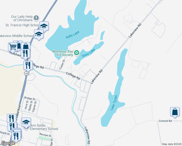 map of restaurants, bars, coffee shops, grocery stores, and more near 25 Parker Drive in Watsonville