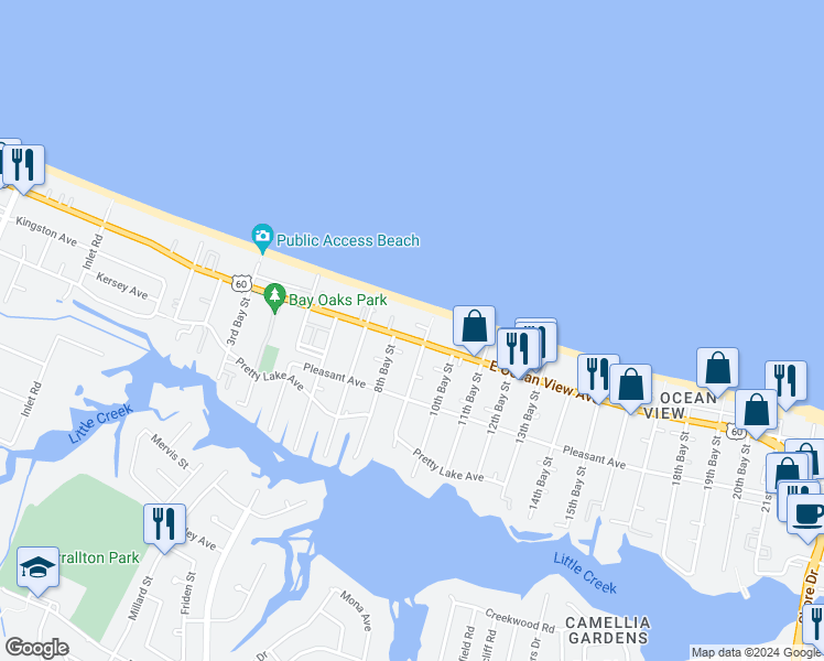 map of restaurants, bars, coffee shops, grocery stores, and more near 2734 East Ocean View Avenue in Norfolk