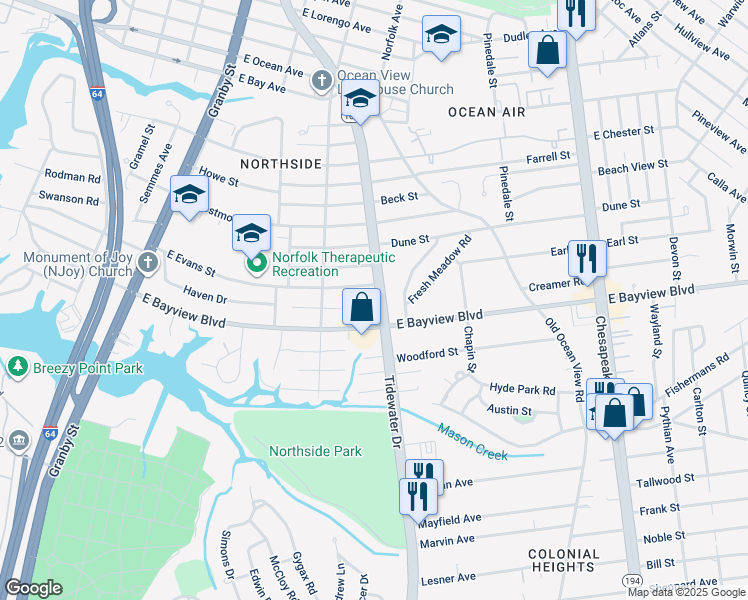 map of restaurants, bars, coffee shops, grocery stores, and more near 8615 Tidewater Drive in Norfolk