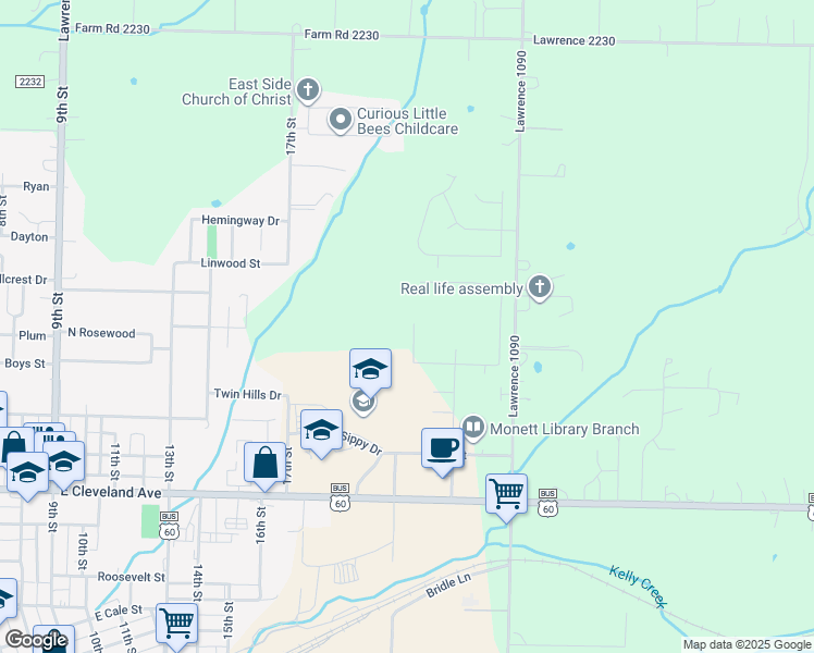 map of restaurants, bars, coffee shops, grocery stores, and more near 1212 Woodland Ridge Drive in Monett