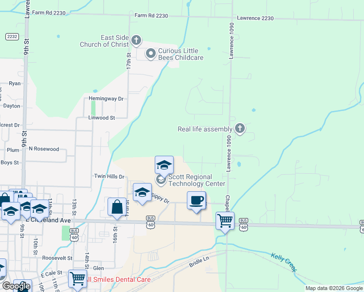 map of restaurants, bars, coffee shops, grocery stores, and more near 1214 Woodland Ridge Drive in Monett