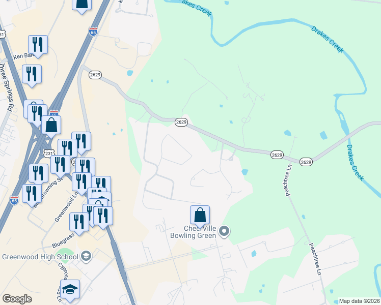 map of restaurants, bars, coffee shops, grocery stores, and more near 172 Huntsman Circle in Bowling Green