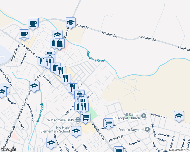 map of restaurants, bars, coffee shops, grocery stores, and more near 29 Packard Lane in Watsonville